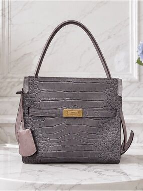 NWT Tory Burch Lee Radziwill Croc-Embossed Leather 2 Way Bag in Mineral Gray